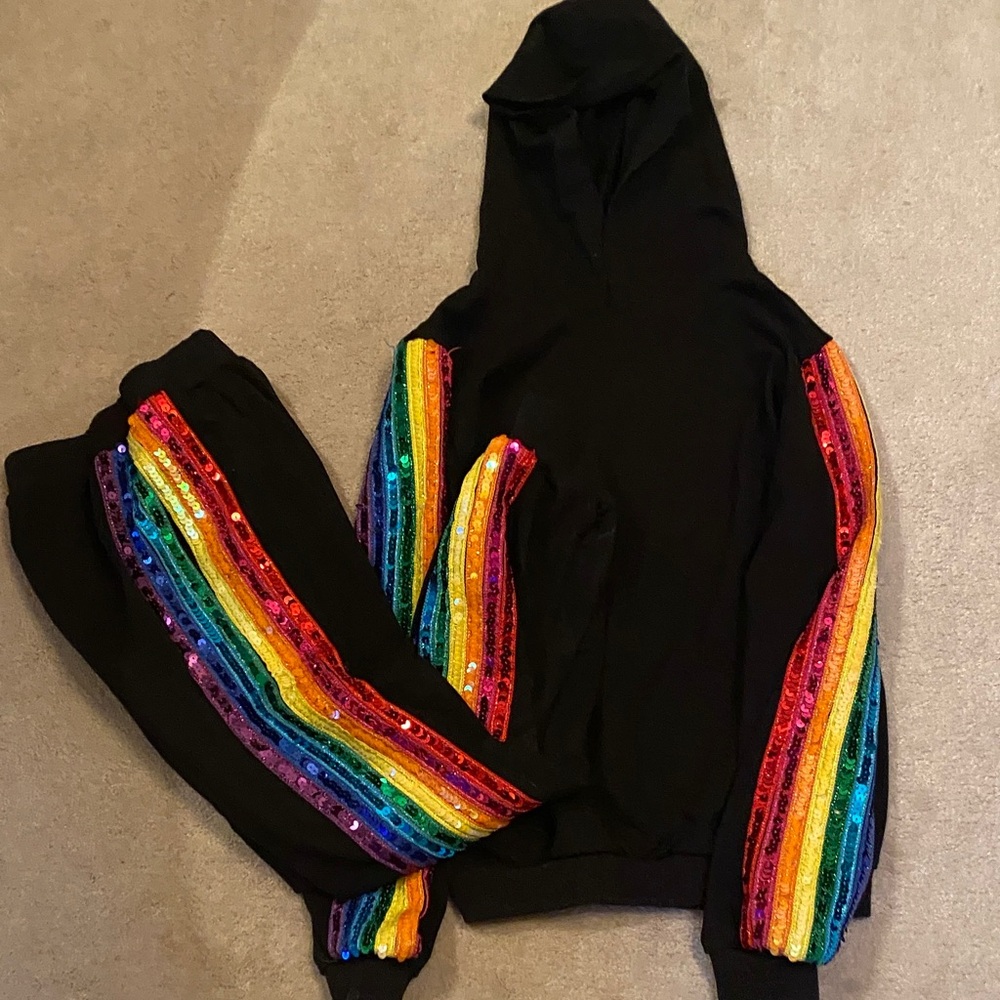 Lola + the boys Black Hoodie and Joggers with Rainbow Sequin Stripes